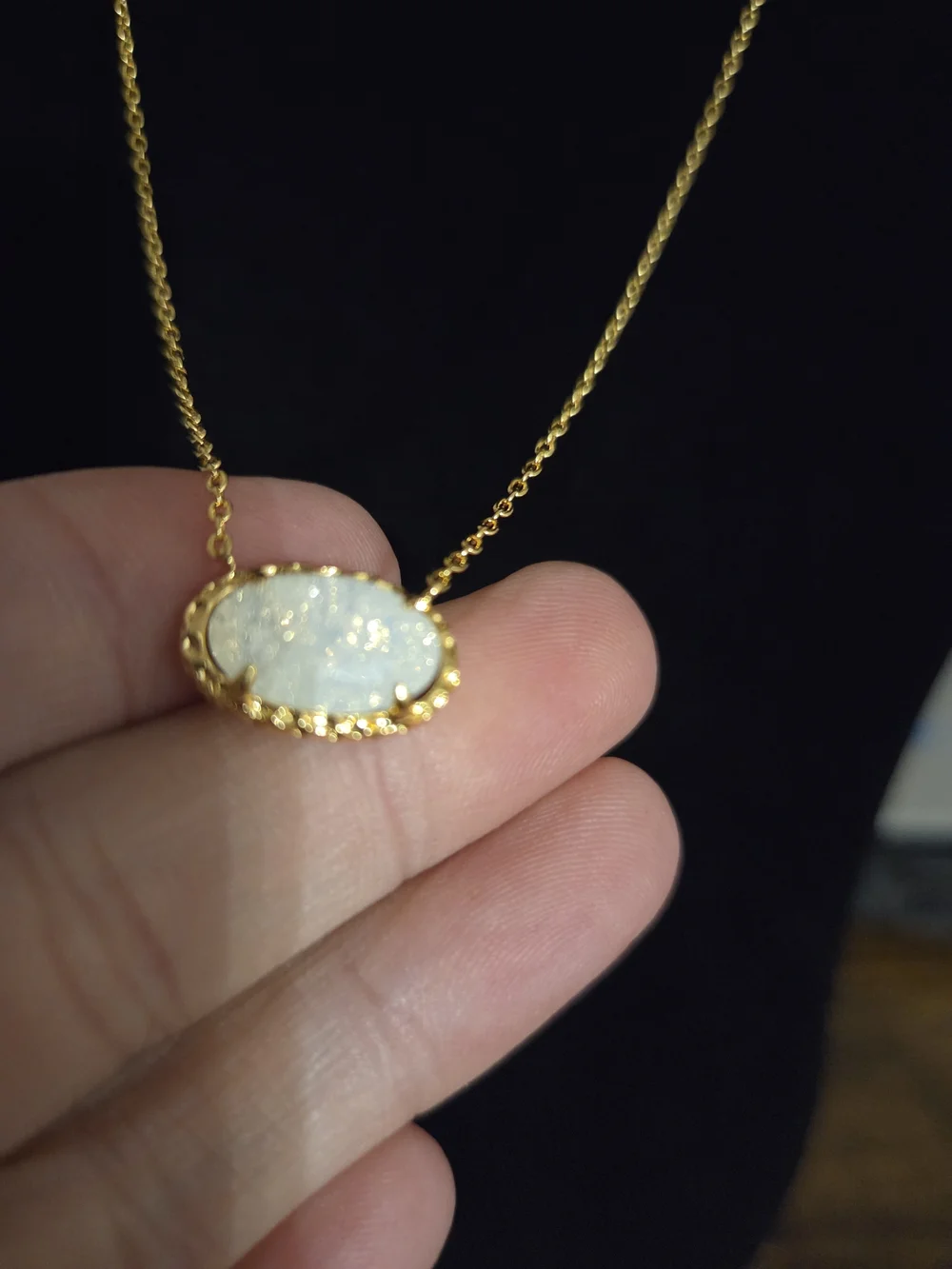 Gold Chain Necklace with White Druzy Oval Pendant